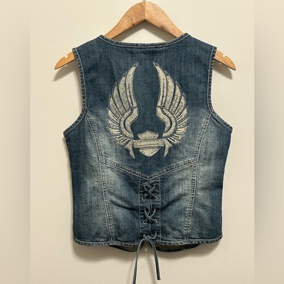 Harley-Davidson Jackets & Blazers - Harley Davidson Women Medium Denim Zip Corset Rhinestone Wing Pocket Vest Y2K